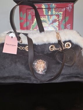 Juicy Couture Black Faux Fur-Trim Tote Bag